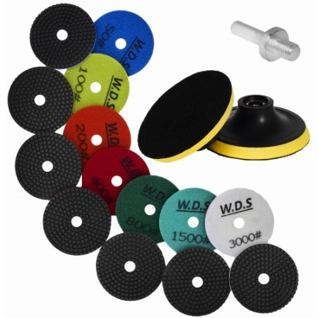 Jeu de disques diamantés grain 50 - 3000, adaptateur M12, disque, gants WDS2212